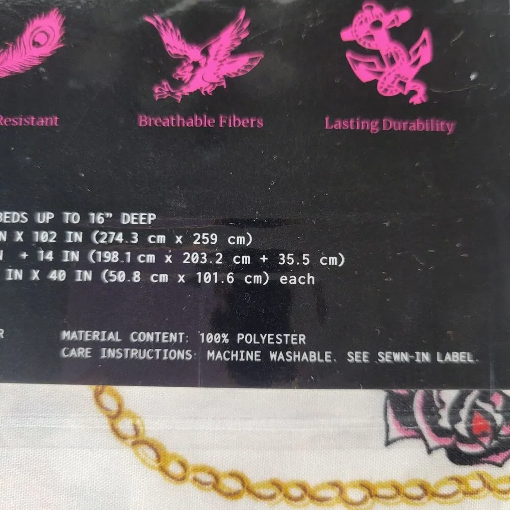 Ed Hardy KING Sheets Set 6pc White Pink Skull Roses Gold Chain Love Kills Tattoo